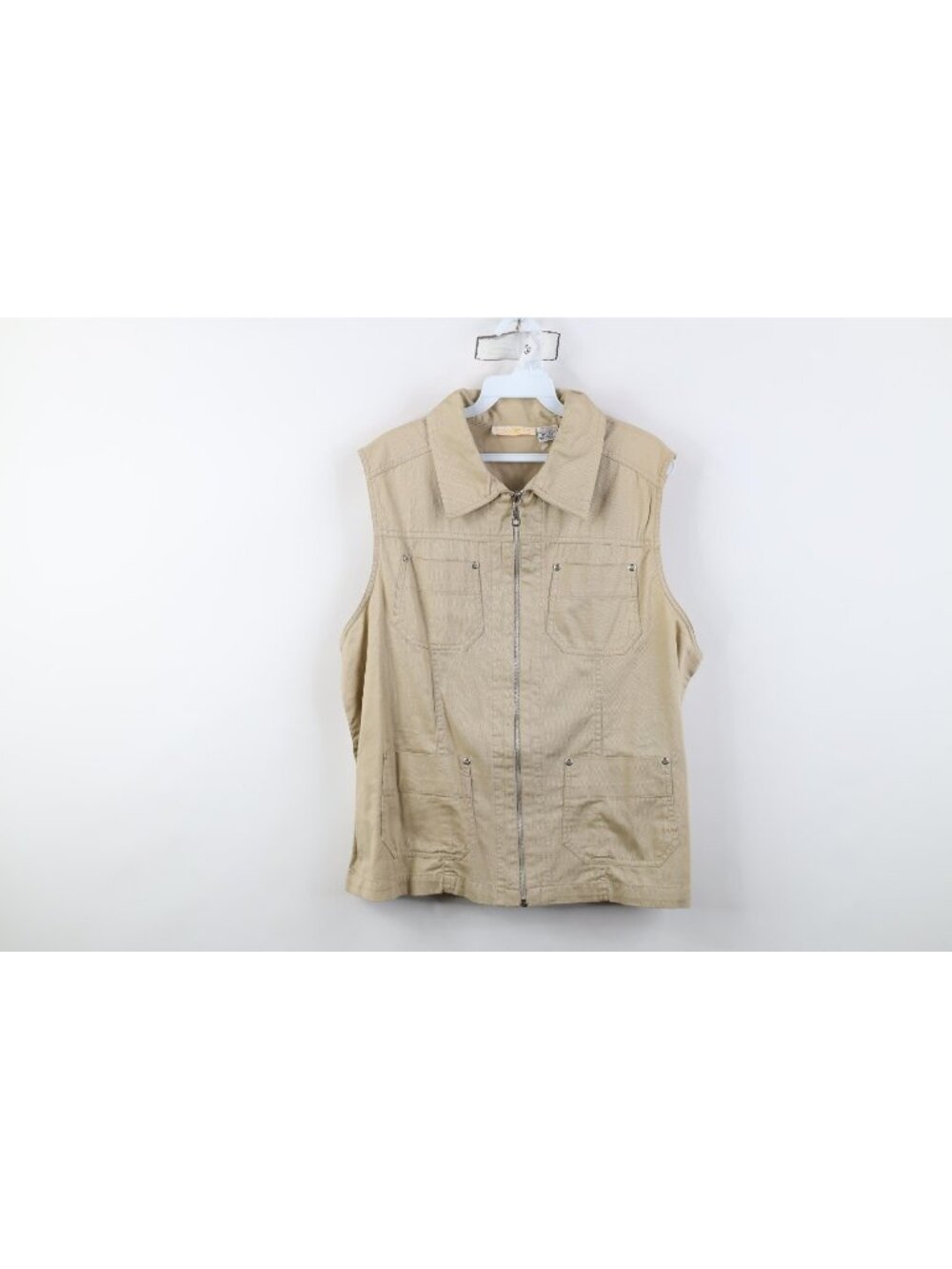 Vtg 90s Streetwear Womens XL Sleeveless Safari Bush Vest Jacket Full Zip Beige